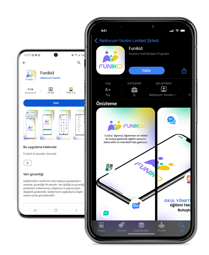 Funikid uygulamasından iki telefon ekranı